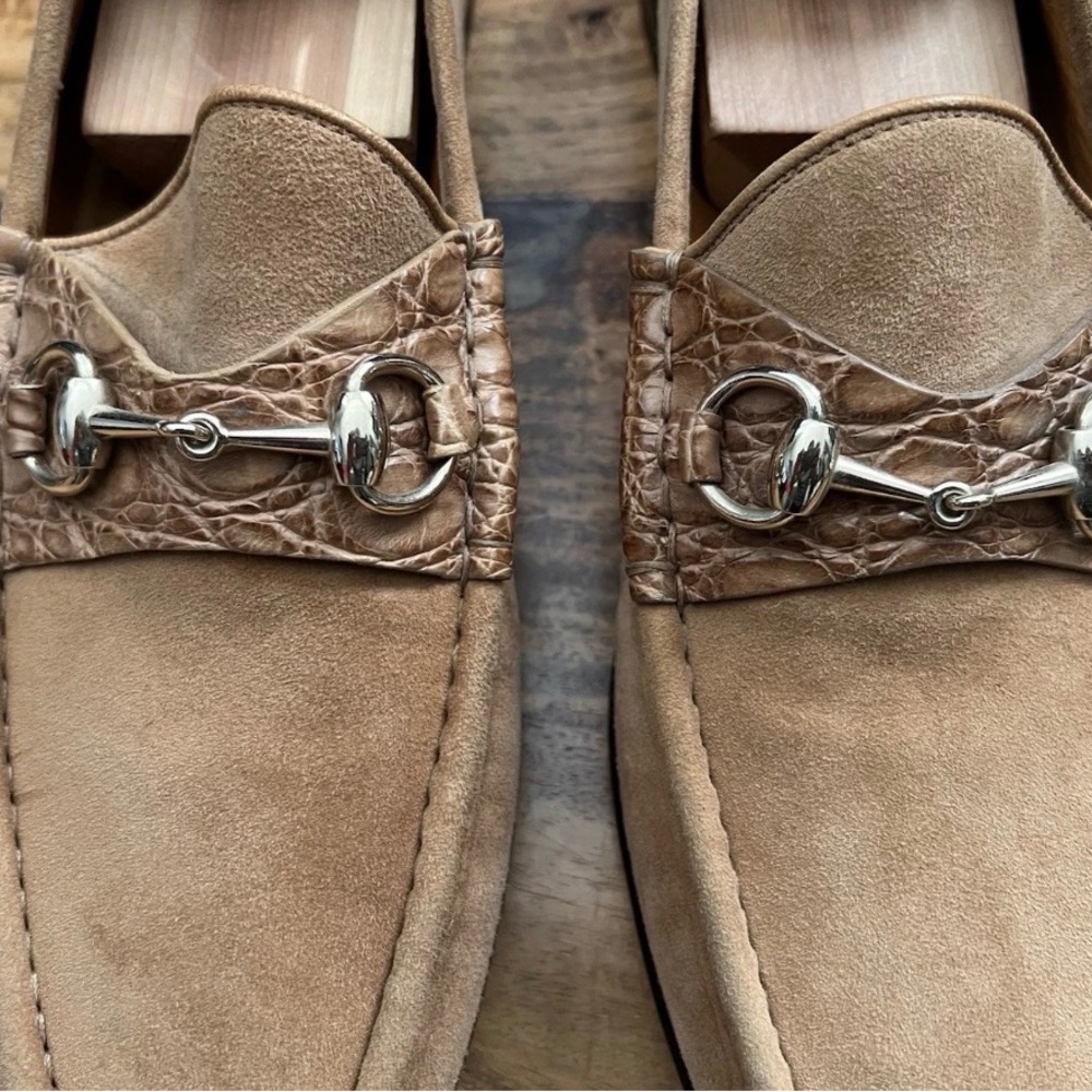Rare Vintage Gucci Beige Tan Crocodile Suede Horsebit Loafers Italy 10.5